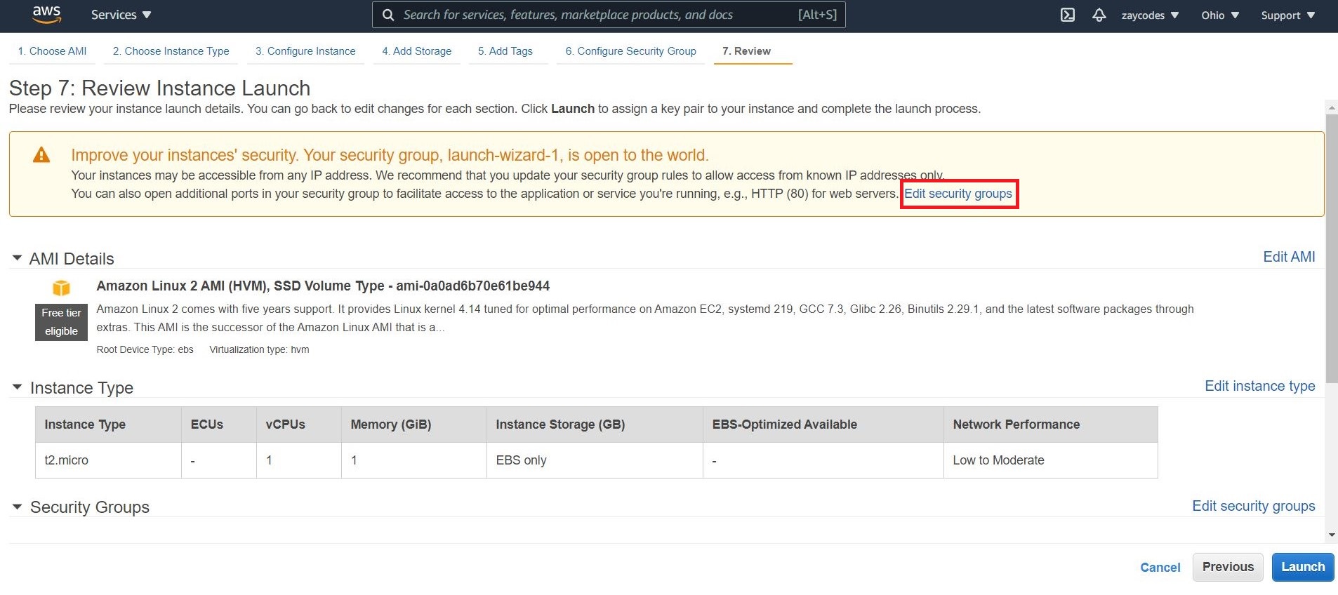 Review your amazon launch instance